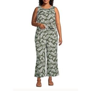 Lands’ End Wide Leg Jumpsuit  Green 22W Palm Leaf Print Sleeveless Resort Cruise